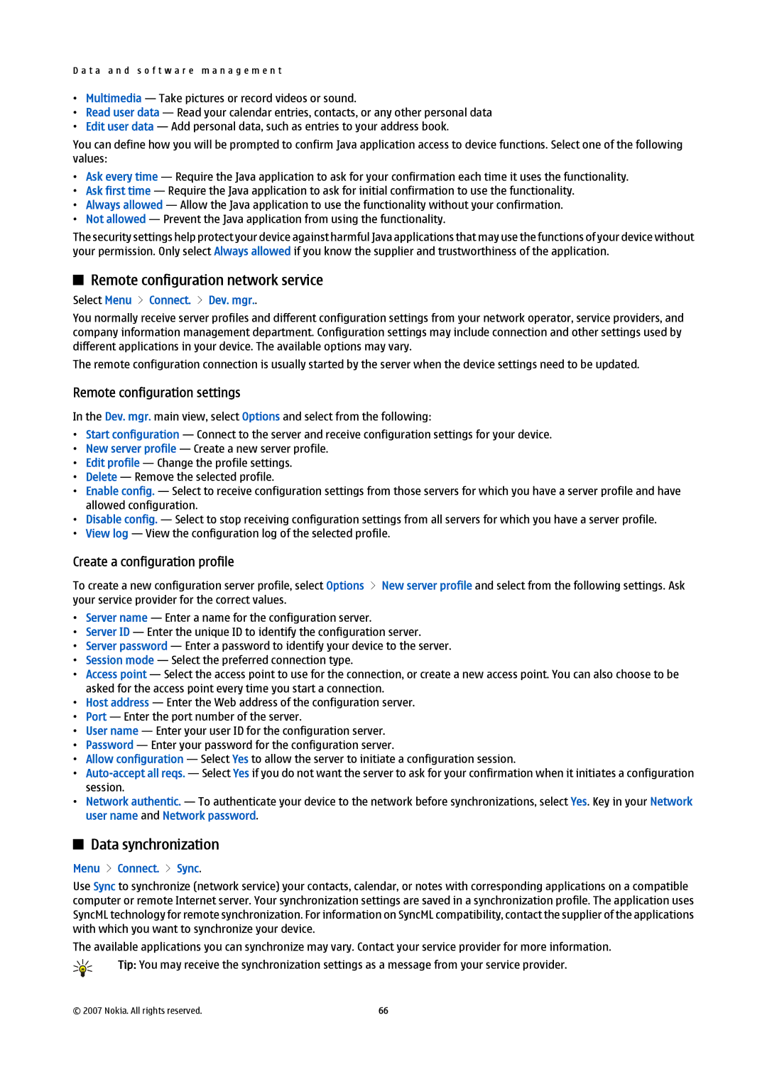 Nokia E61i manual Remote configuration network service, Data synchronization, Remote configuration settings 