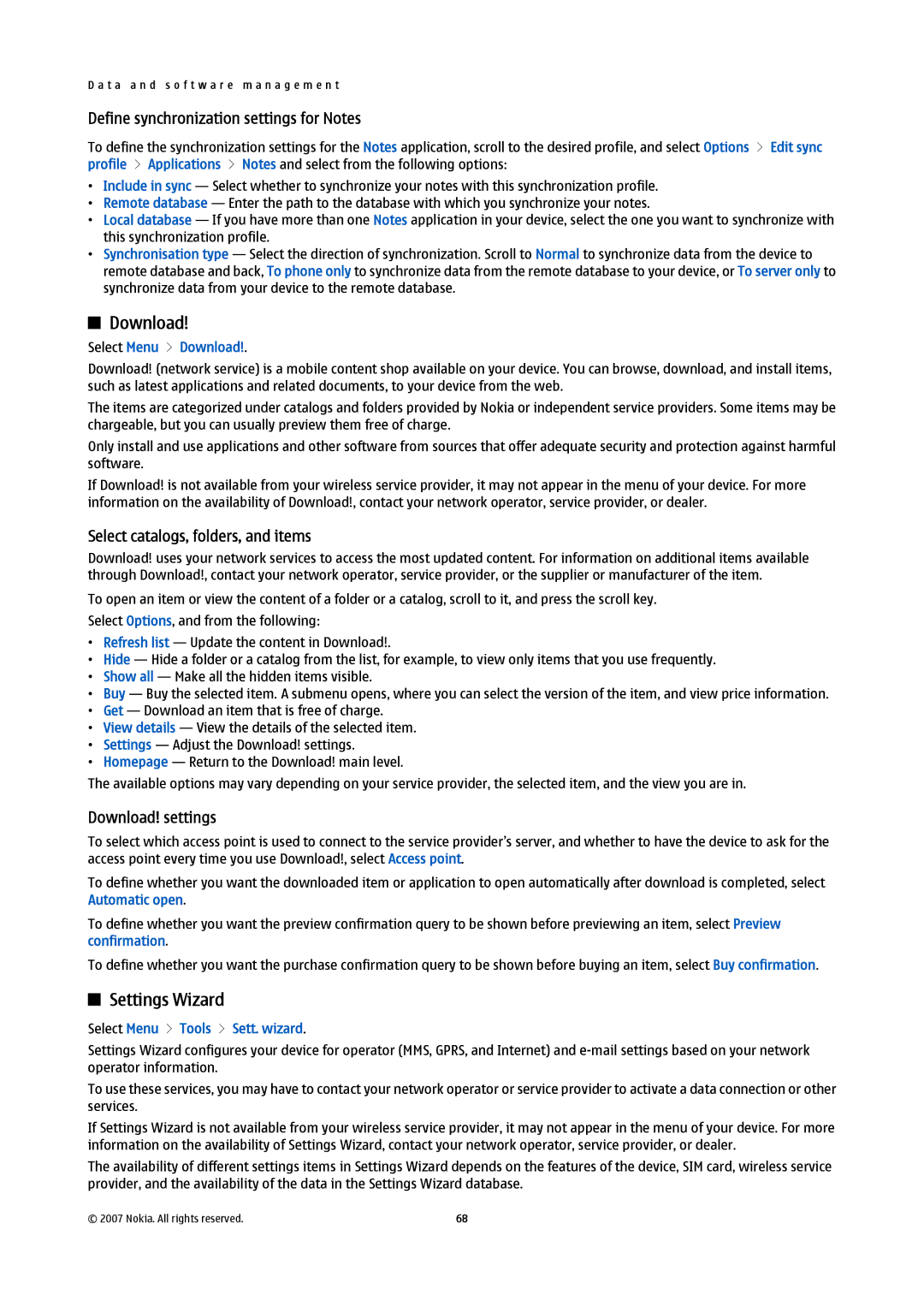 Nokia E61i manual Download, Settings Wizard, Define synchronization settings for Notes, Select catalogs, folders, and items 