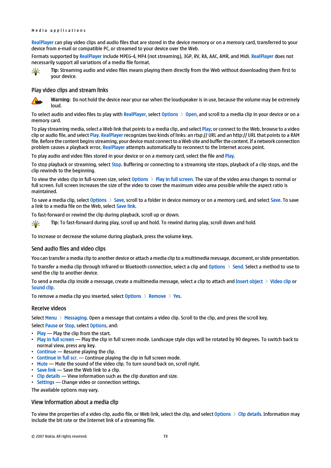 Nokia E61i manual Play video clips and stream links, Send audio files and video clips, Receive videos 