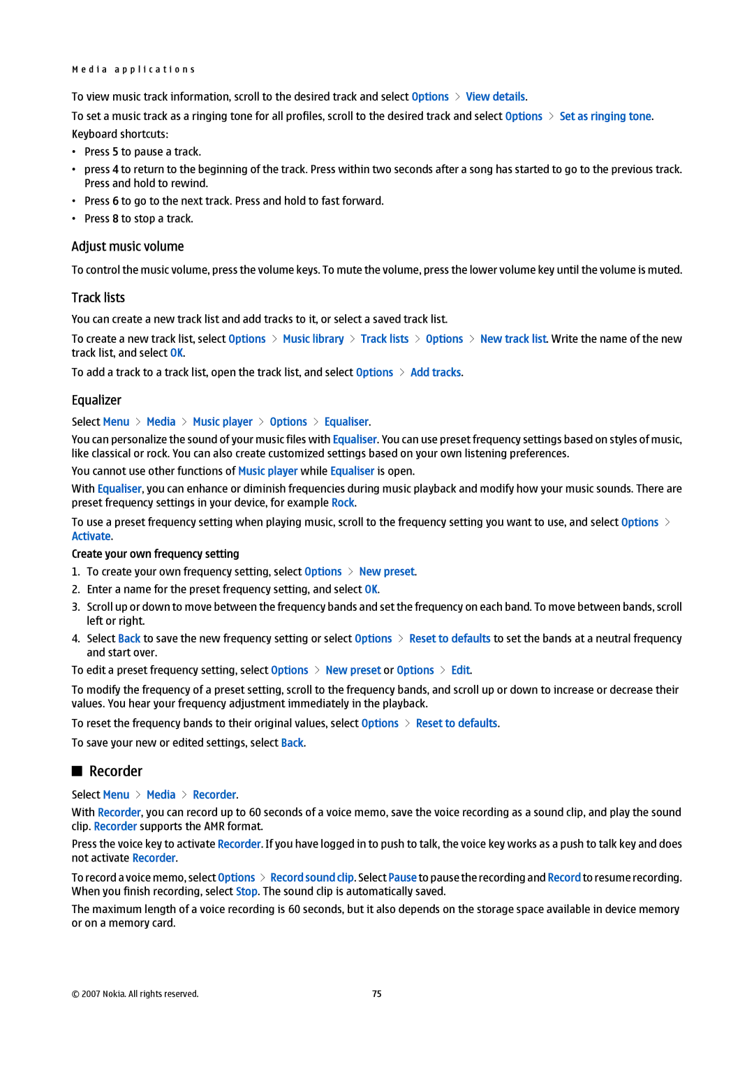 Nokia E61i manual Recorder, Adjust music volume, Track lists, Equalizer 
