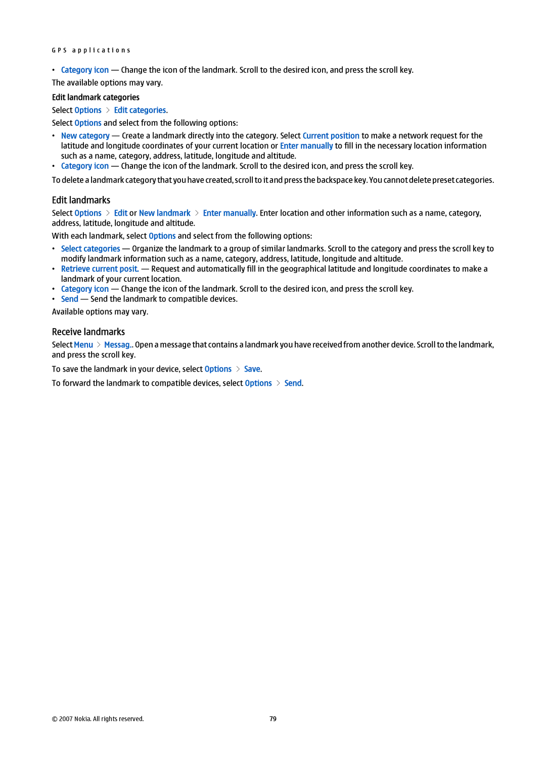 Nokia E61i manual Edit landmarks, Receive landmarks, Edit landmark categories, Select Options Edit categories 