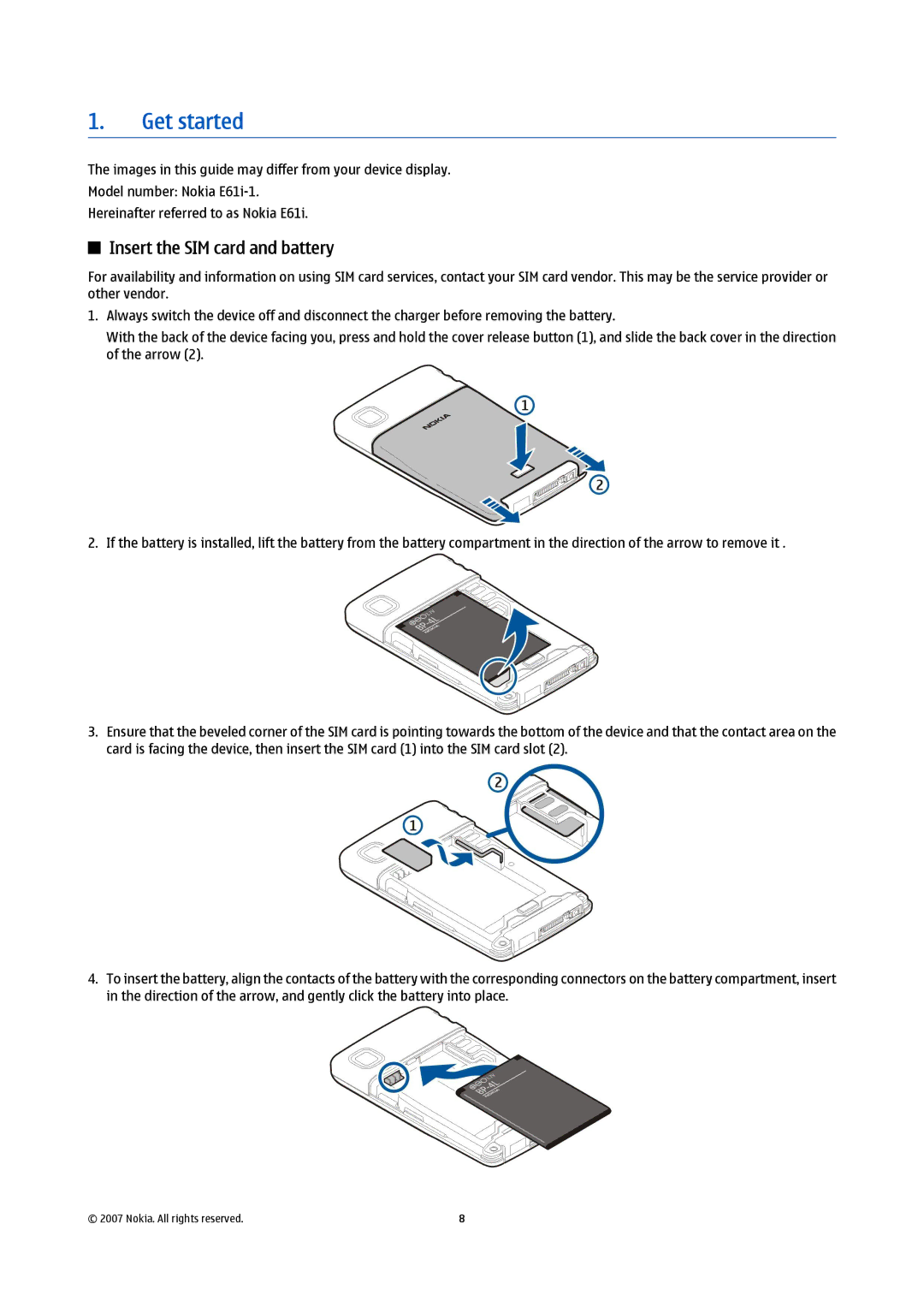 Nokia E61i manual Get started, Insert the SIM card and battery 