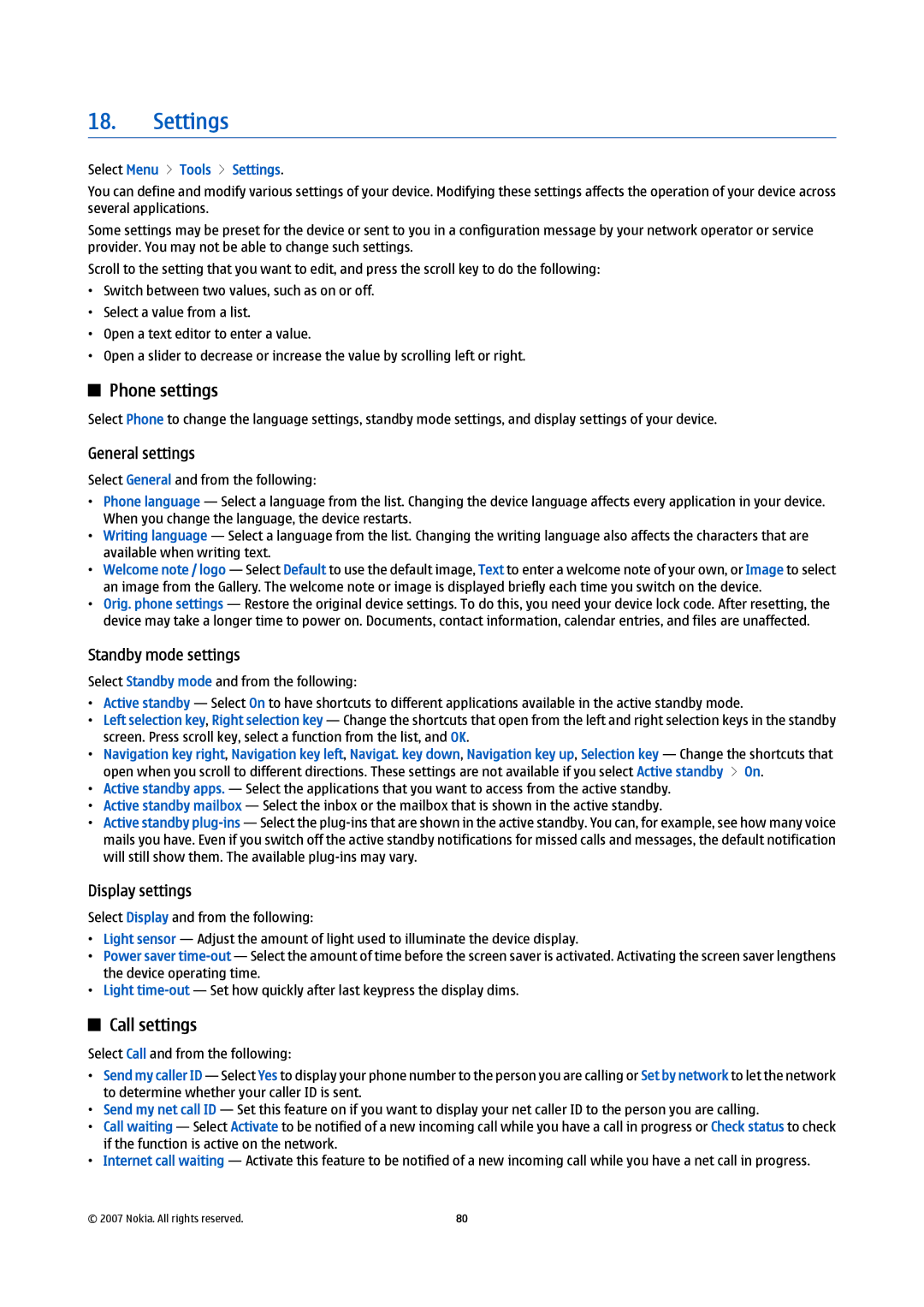 Nokia E61i manual Settings, Phone settings, Call settings 