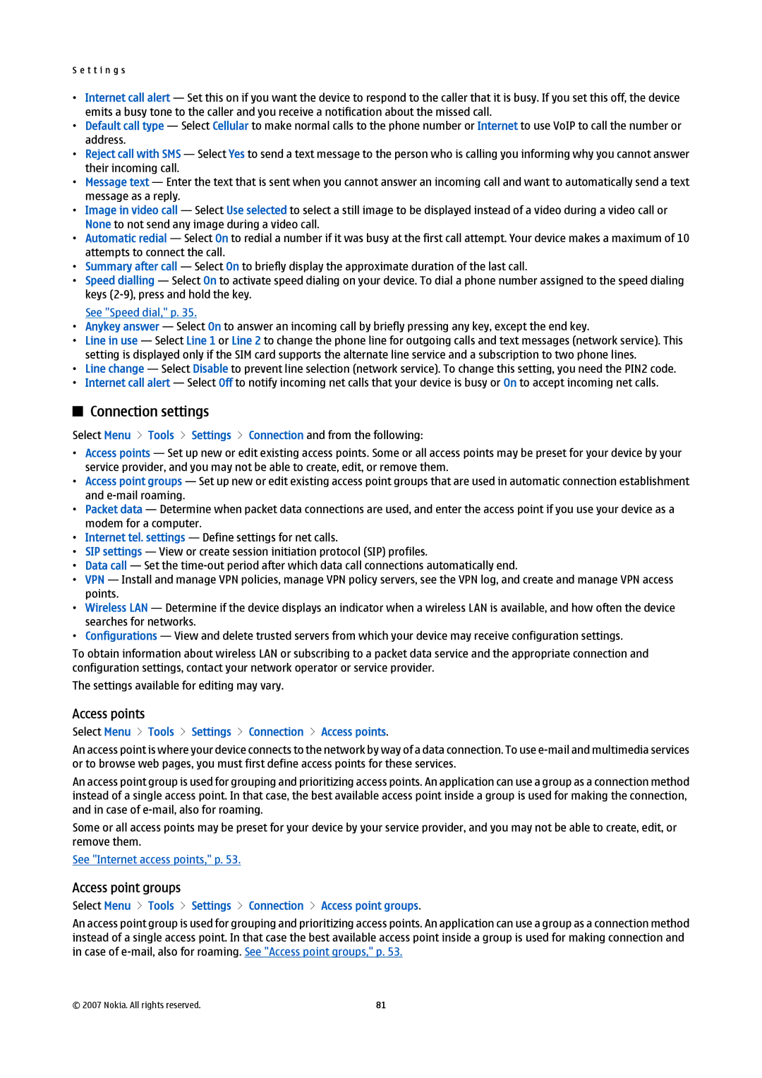 Nokia E61i manual Connection settings, Access points 