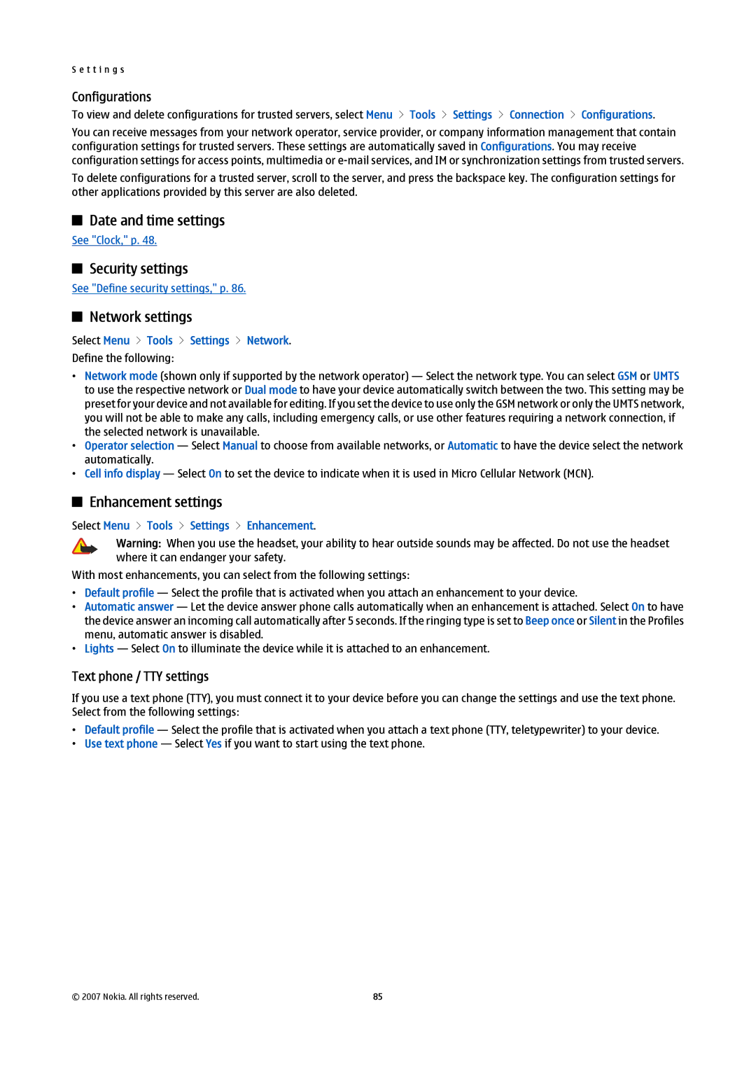 Nokia E61i manual Date and time settings, Security settings, Network settings, Enhancement settings 