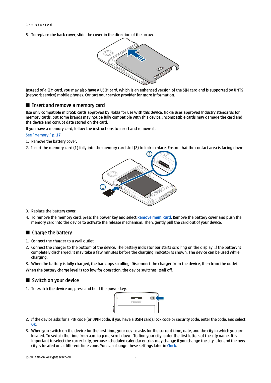 Nokia E61i manual Insert and remove a memory card, Charge the battery, Switch on your device 