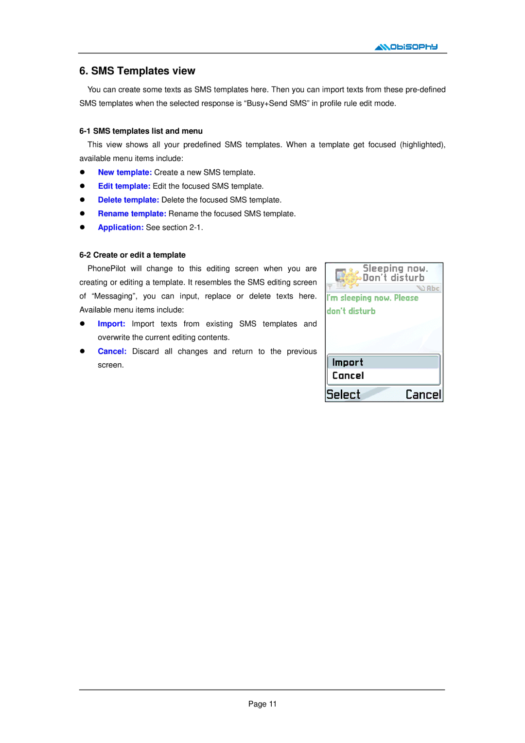 Nokia E62, E50, 5500 manual SMS Templates view, SMS templates list and menu, Create or edit a template 