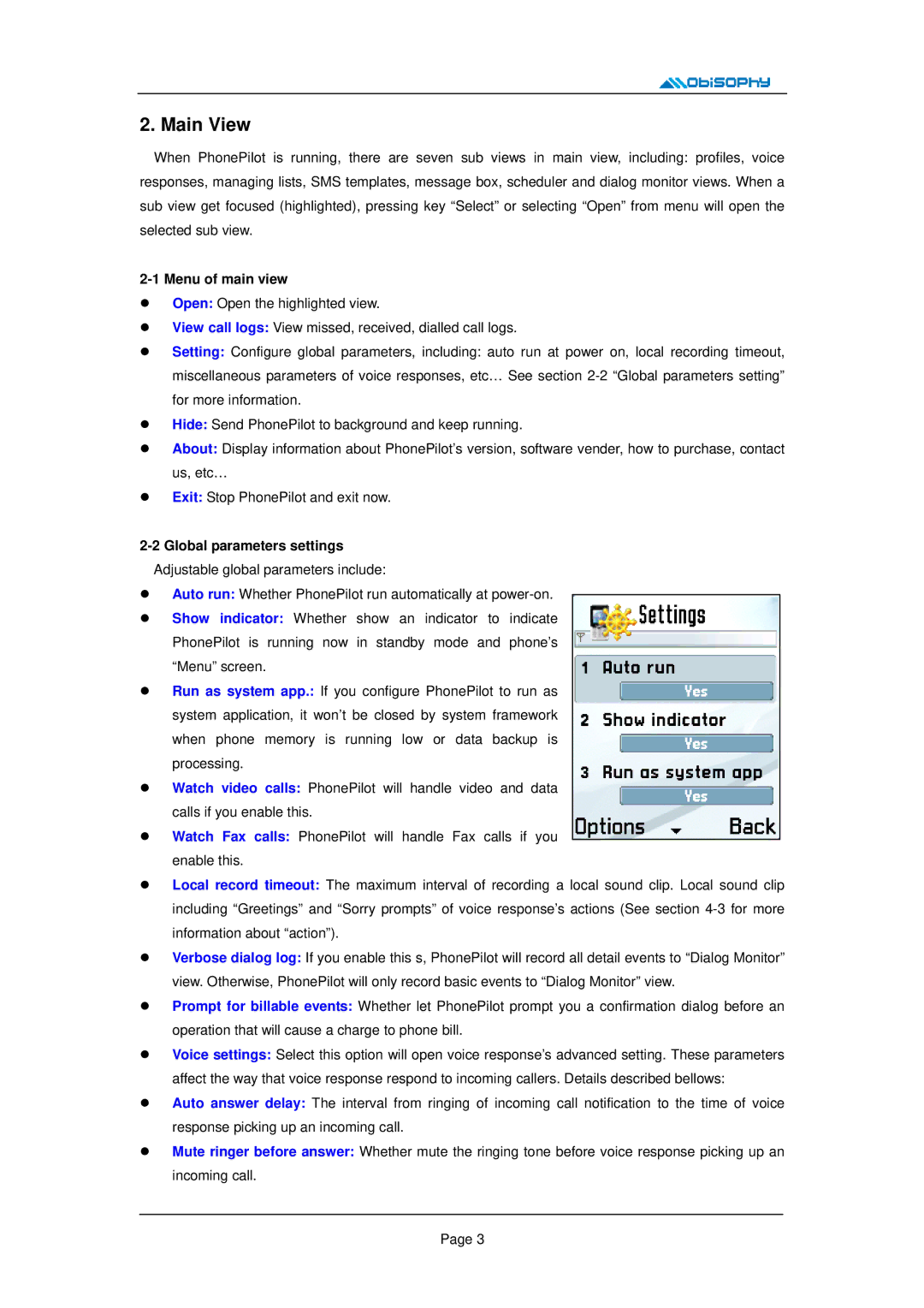 Nokia E50, E62, 5500 manual Main View, Menu of main view, Global parameters settings 