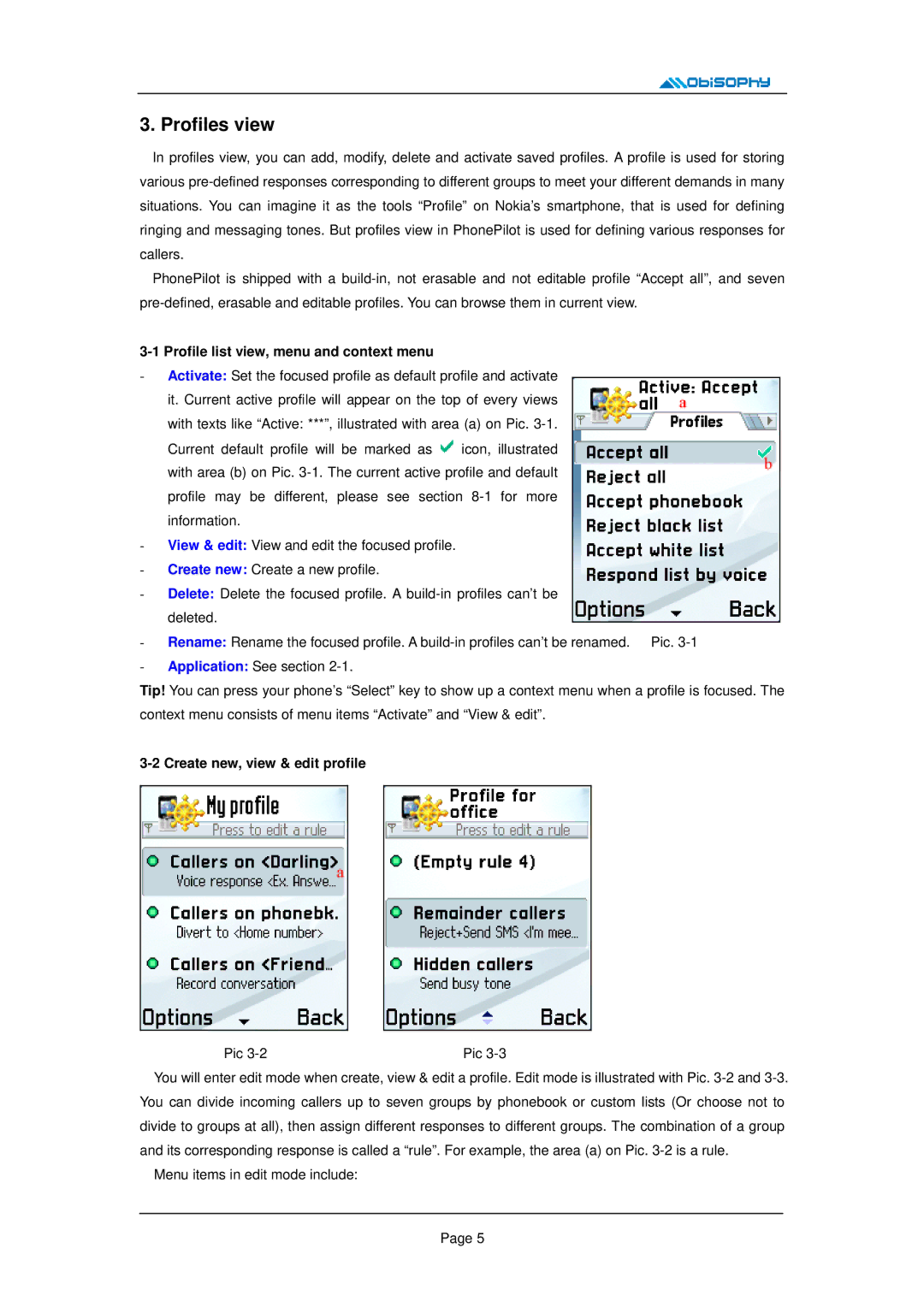 Nokia E62, E50, 5500 manual Profiles view, Profile list view, menu and context menu, Create new, view & edit profile 