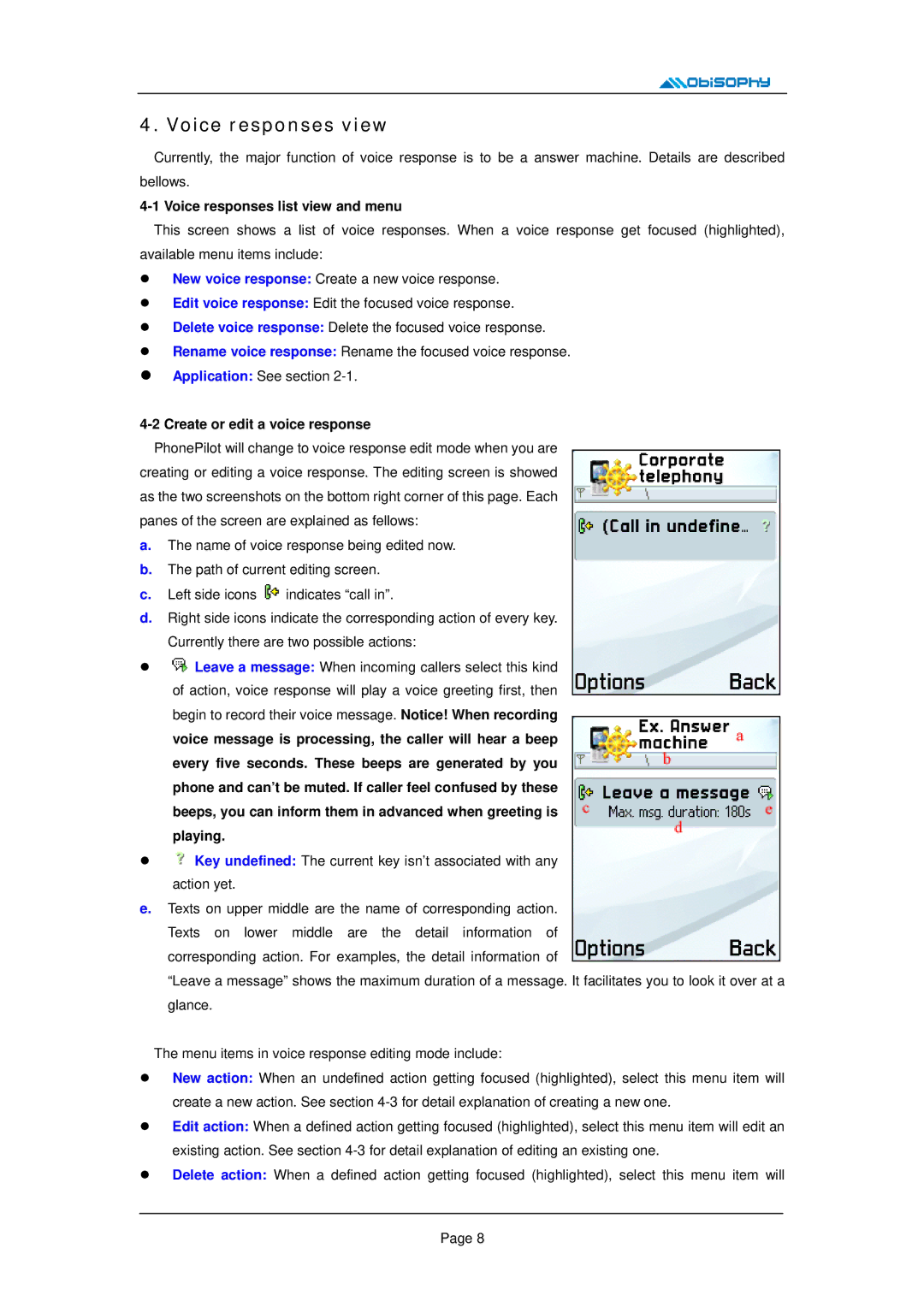 Nokia E62, E50, 5500 manual Voice responses list view and menu, Create or edit a voice response 