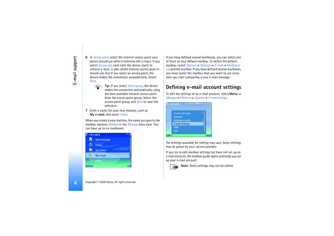 Nokia E62 manual Defining e-mail account settings 