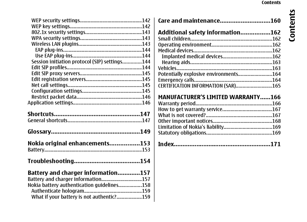 Nokia E66 manual Shortcuts 147, Glossary 149 Nokia original enhancements 153, 160, 162, 166, Index 171 