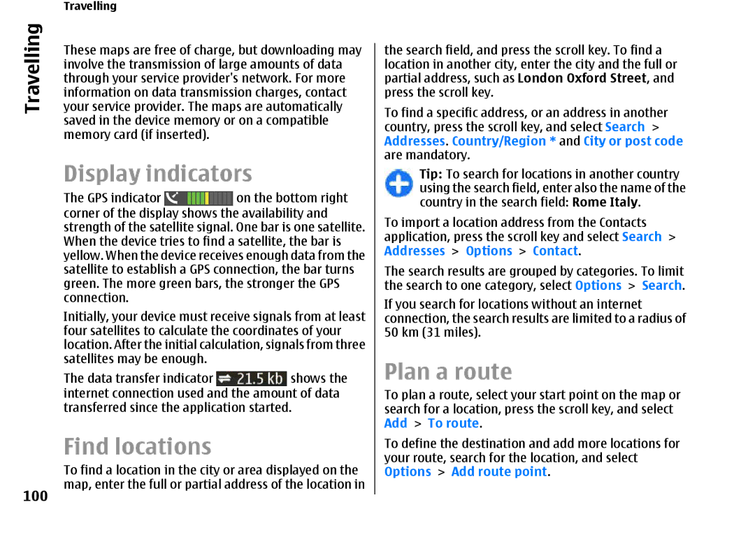 Nokia E66 manual Display indicators, Find locations, Plan a route, 100 