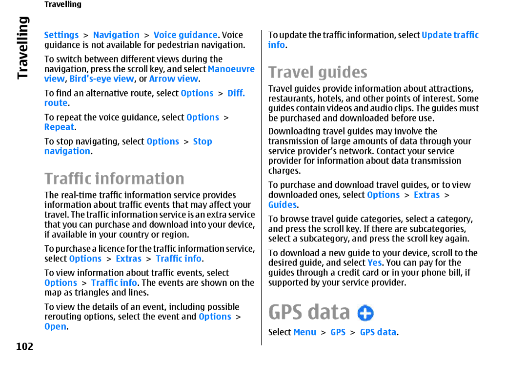 Nokia E66 manual GPS data, Traffic information, Travel guides, 102 