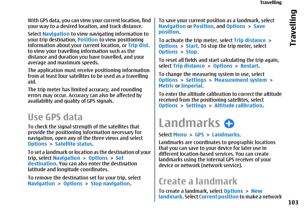 Nokia E66 manual Landmarks, Use GPS data, Create a landmark, 103 