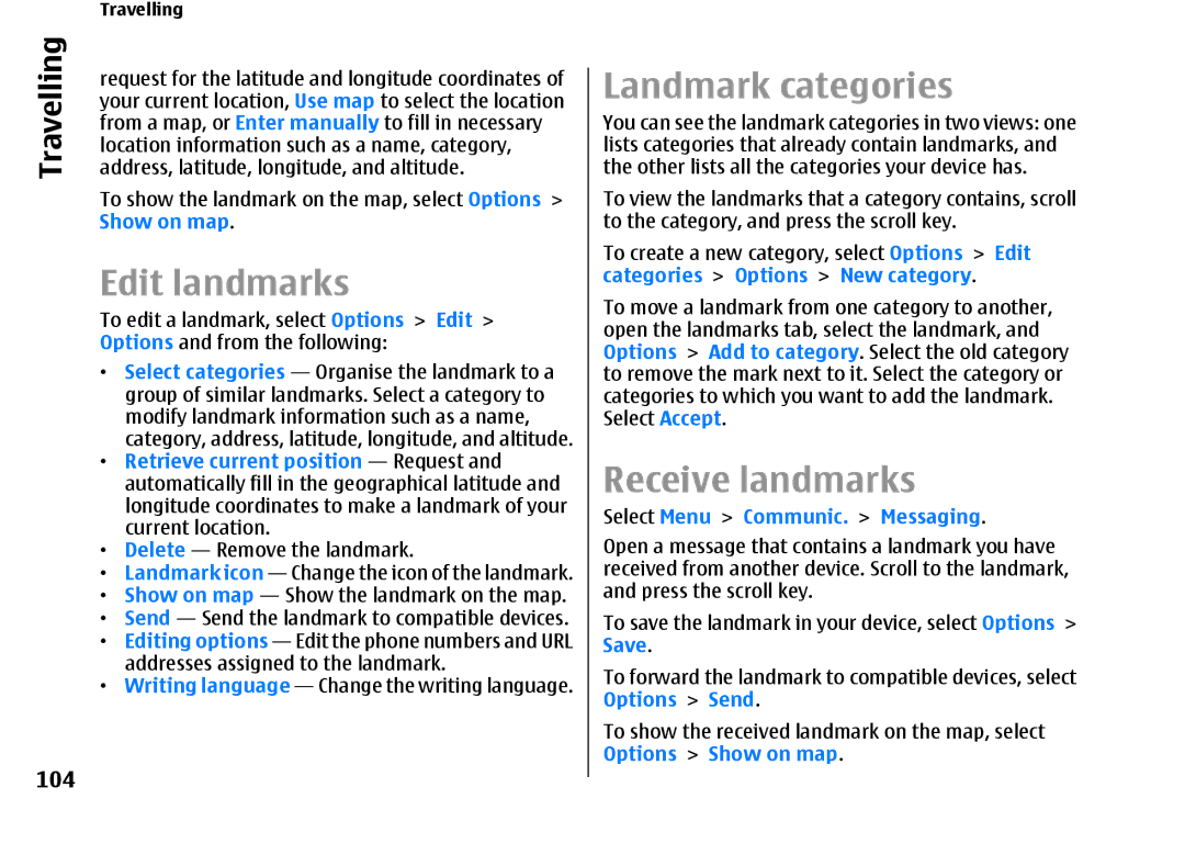 Nokia E66 manual Edit landmarks, Landmark categories, Receive landmarks, 104 