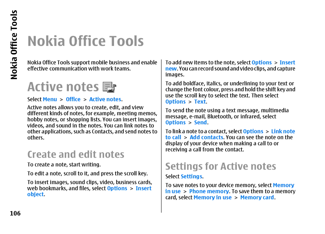 Nokia E66 manual Nokia Office Tools, Create and edit notes, Settings for Active notes 