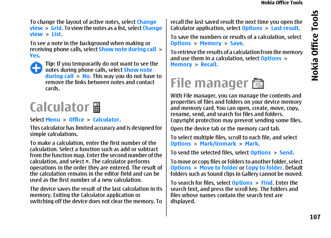 Nokia E66 manual File manager, 107, Select Menu Office Calculator 