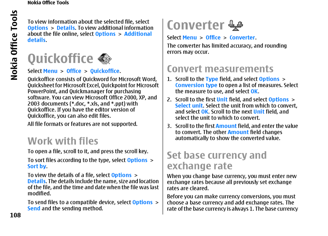 Nokia E66 manual Quickoffice, Converter, Work with files, Convert measurements, Set base currency and exchange rate 