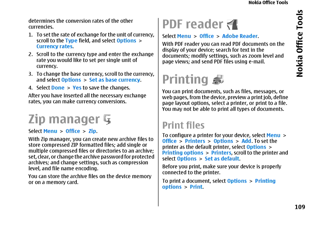 Nokia E66 manual Zip manager, Printing, Print files, 109 