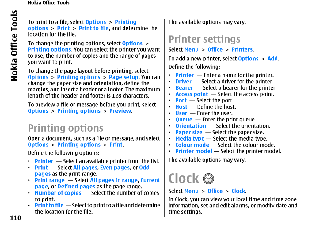 Nokia E66 manual Clock, Printing options, Printer settings, 110 