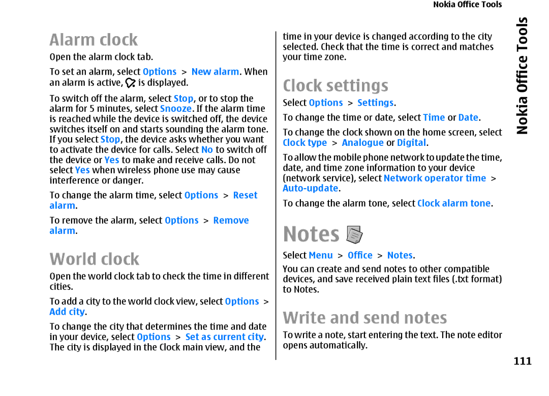 Nokia E66 manual Alarm clock, World clock, Clock settings, Write and send notes, 111 