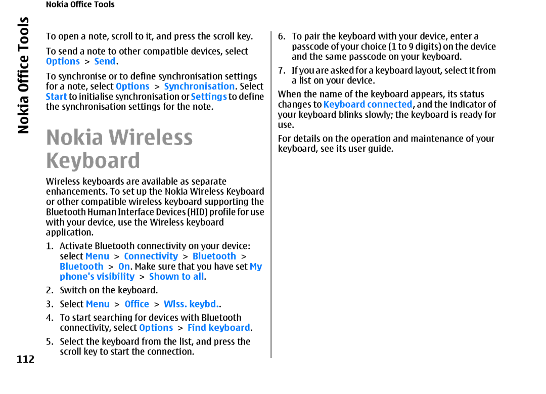 Nokia E66 manual Nokia Wireless Keyboard, 112, Select Menu Office Wlss. keybd 