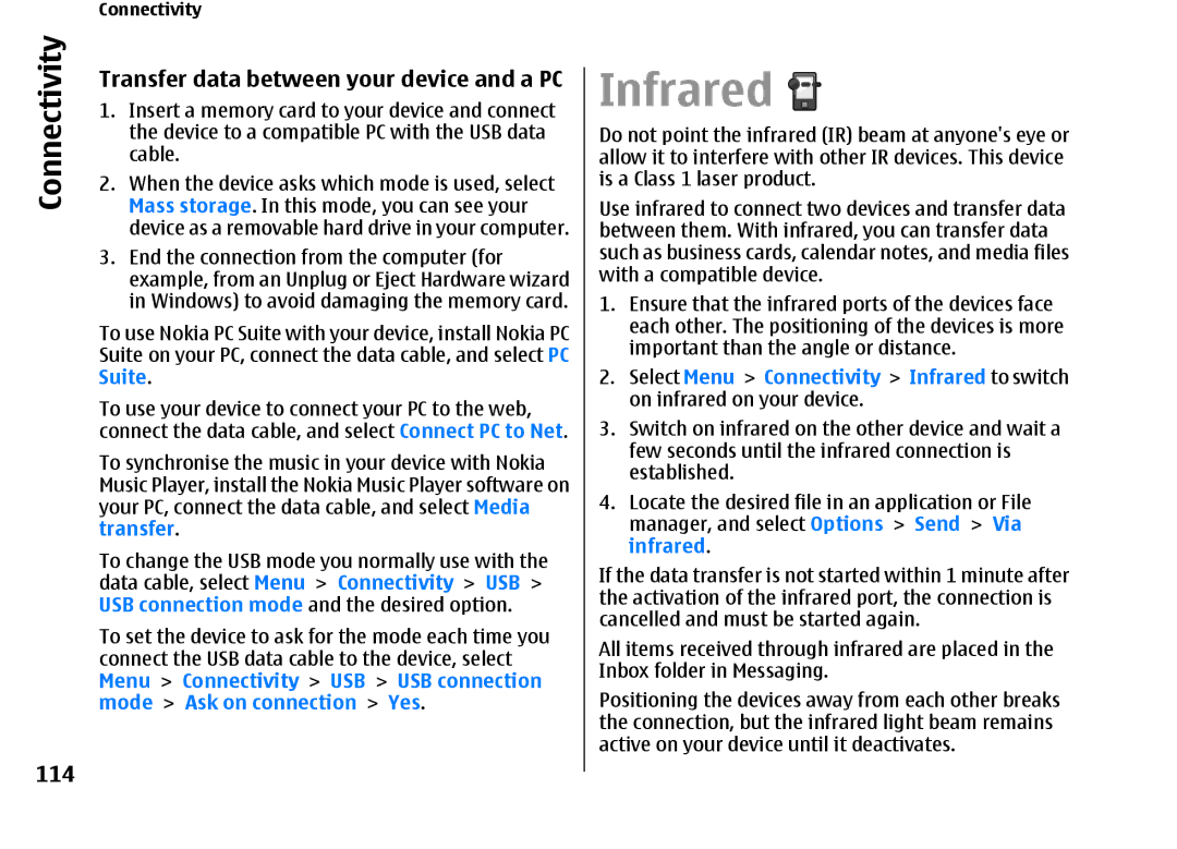 Nokia E66 manual Infrared, Connectivity, 114, Transfer data between your device and a PC 