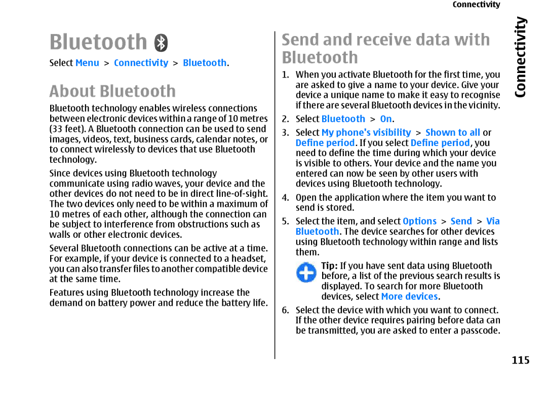 Nokia E66 manual About Bluetooth, Send and receive data with Bluetooth, Connectivity, 115 