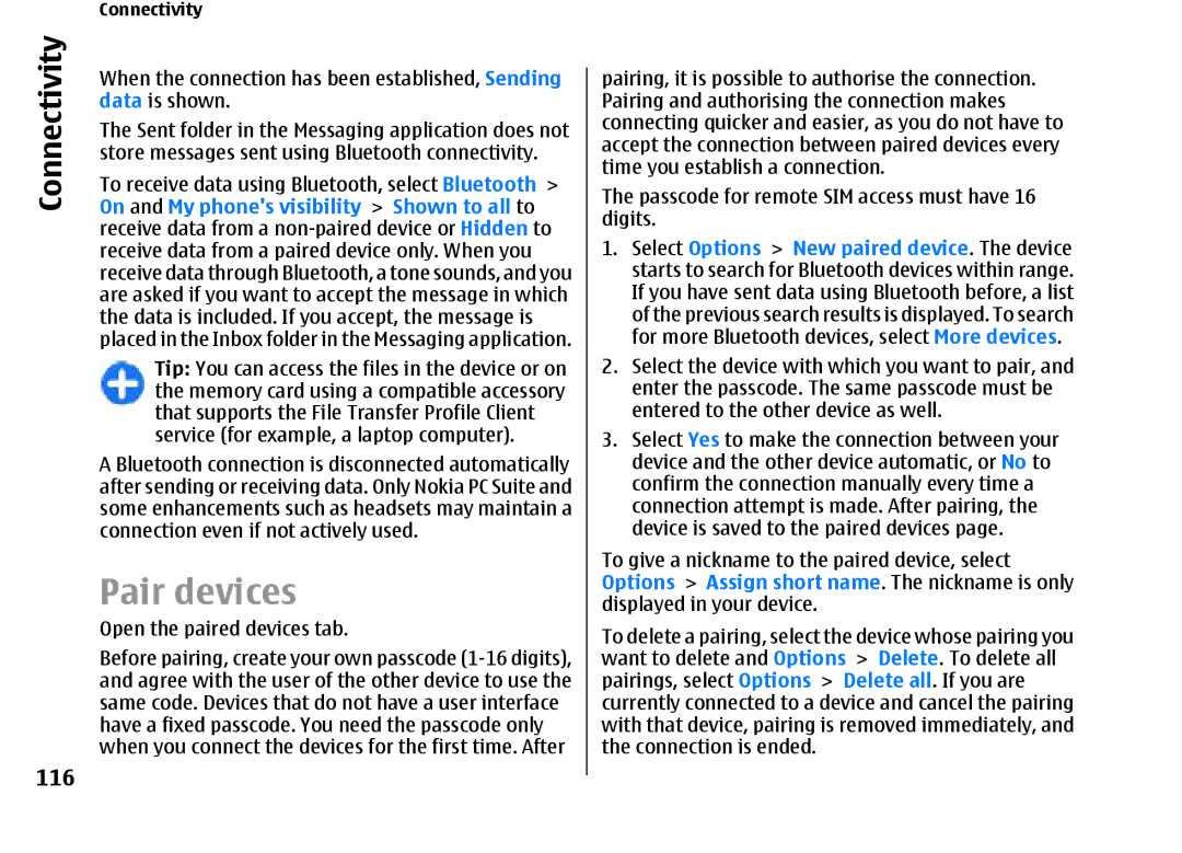 Nokia E66 manual Pair devices, 116, On and My phones visibility Shown to all to 