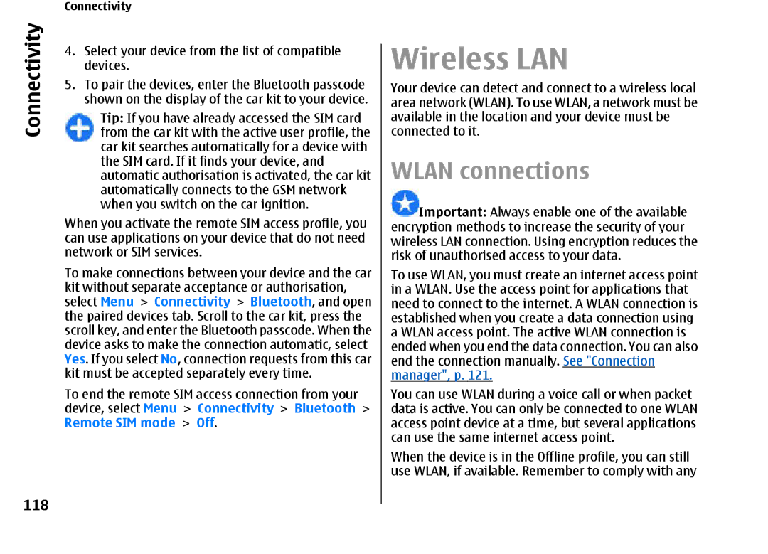 Nokia E66 manual Wireless LAN, Wlan connections, 118 