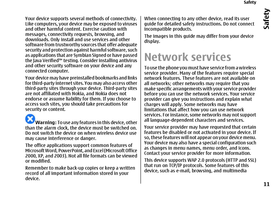 Nokia E66 manual Network services, When connecting to any other device, read its user 