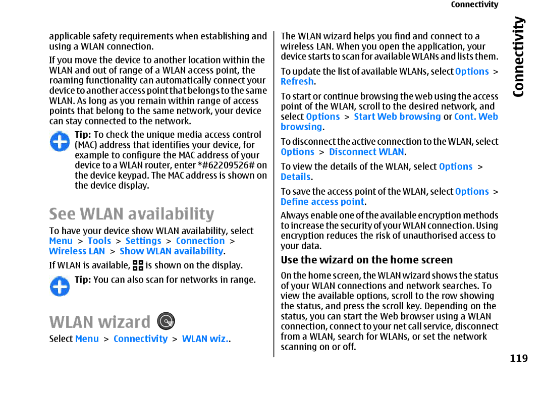 Nokia E66 See Wlan availability, Wlan wizard, Use the wizard on the home screen, 119, Select Menu Connectivity Wlan wiz 