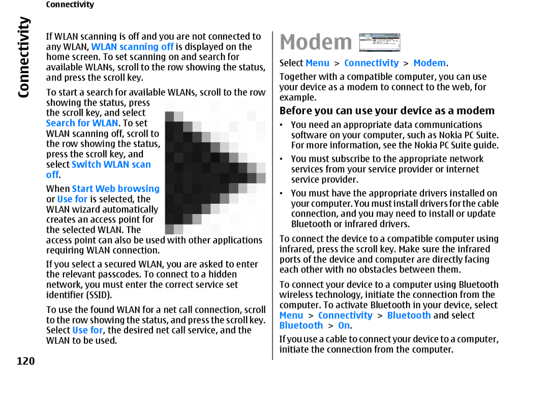 Nokia E66 manual Modem, 120, Before you can use your device as a modem 