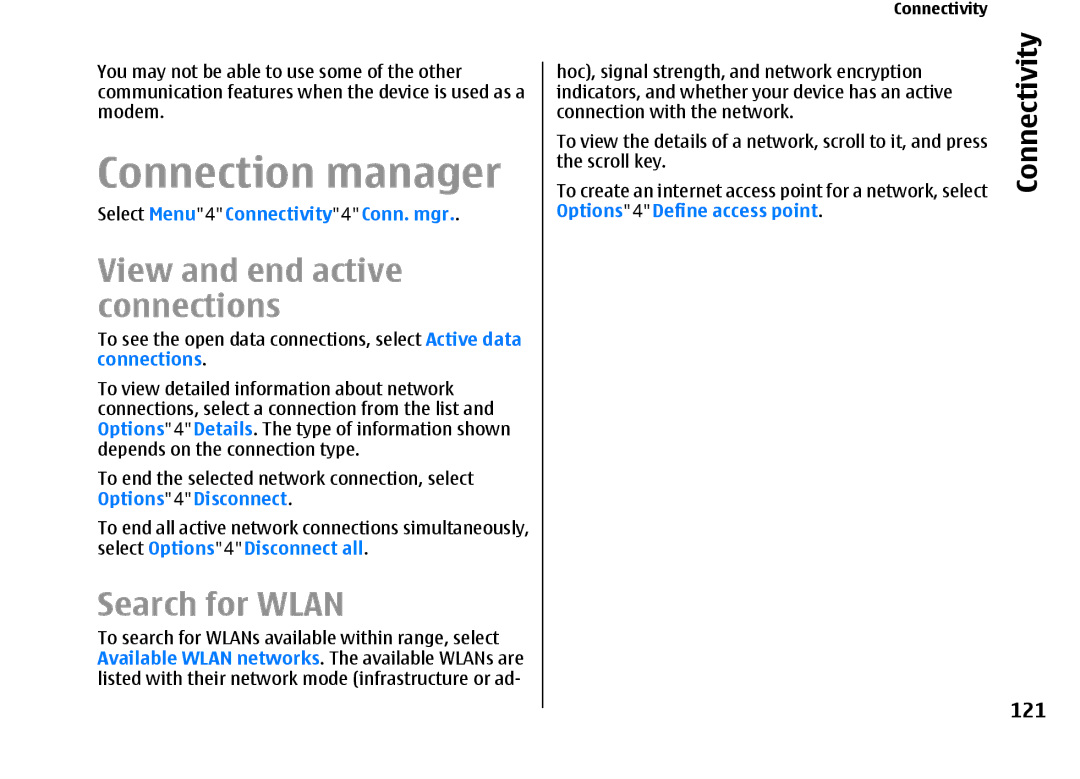 Nokia E66 Connection manager, View and end active connections, Search for Wlan, 121, Select Menu Connectivity Conn. mgr 