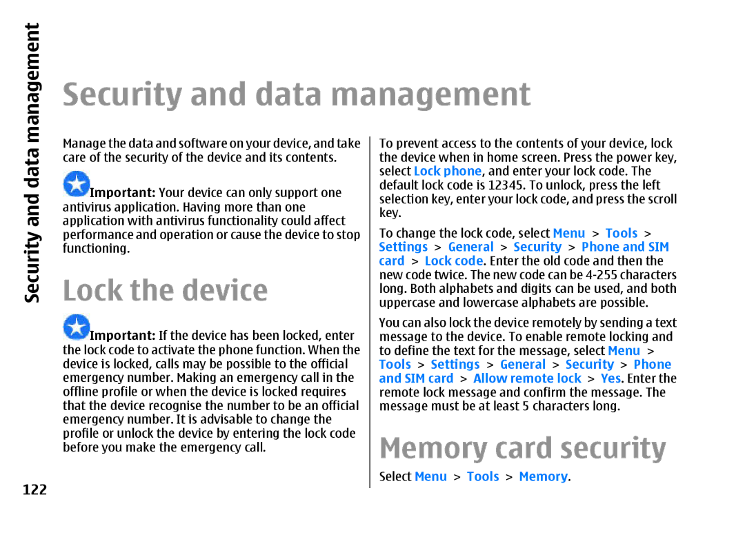 Nokia E66 manual Security and data management, Lock the device, Memory card security, Management 