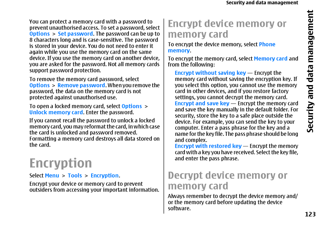 Nokia E66 manual Encryption, Encrypt device memory or Memory card, Decrypt device memory or Memory card, Management, 123 