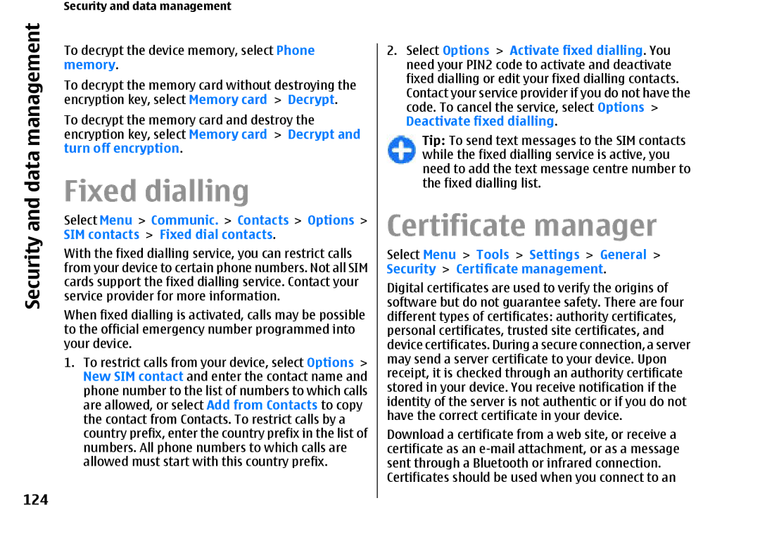 Nokia E66 manual Fixed dialling, Certificate manager, Security and data management, 124, Deactivate fixed dialling 