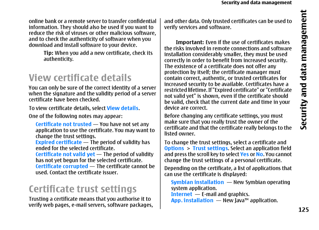 Nokia E66 manual View certificate details, Certificate trust settings, 125 