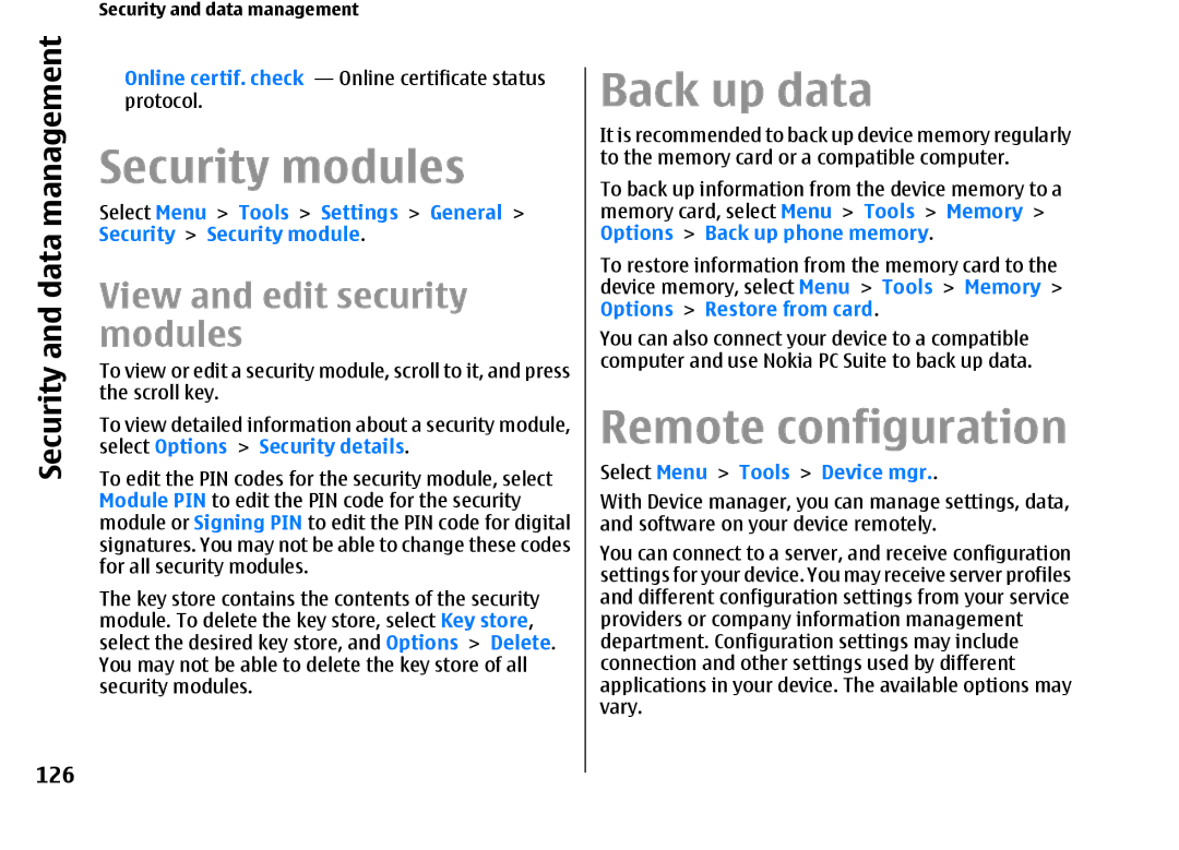 Nokia E66 manual Security modules, Back up data, Remote configuration, View and edit security, Modules 