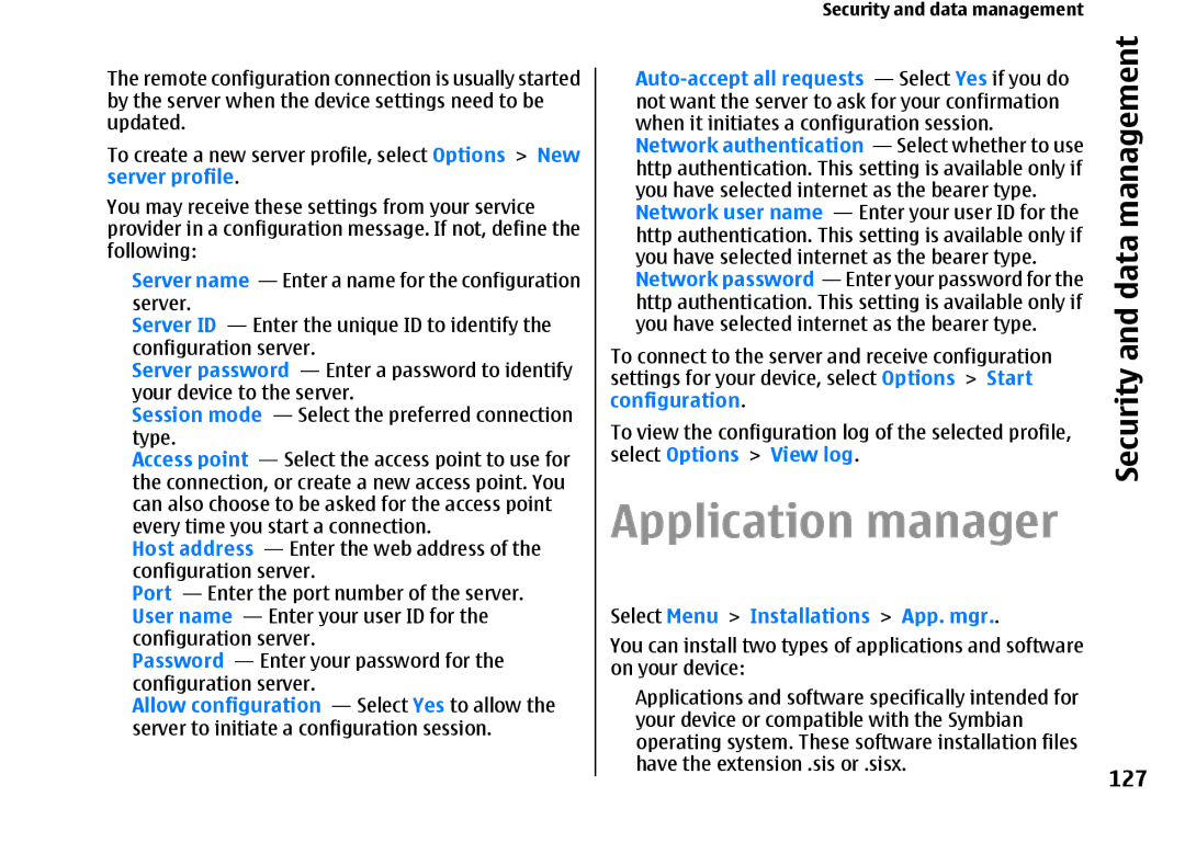 Nokia E66 manual Application manager, 127, Auto-accept all requests Select Yes if you do, Configuration 