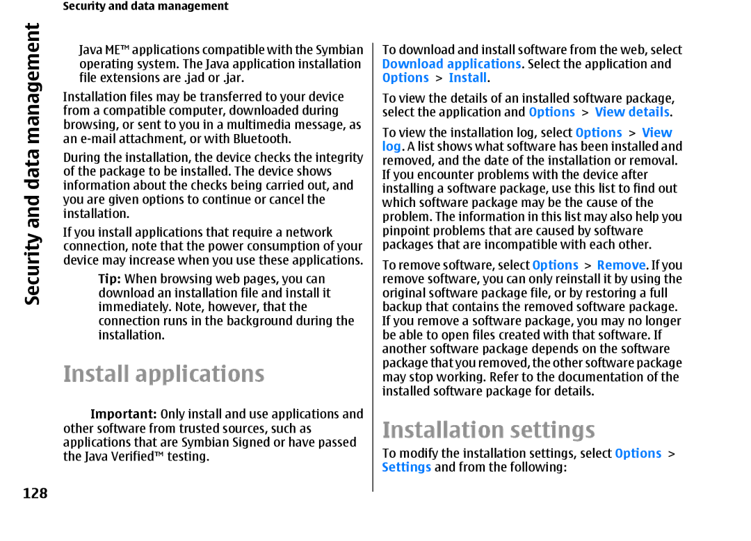 Nokia E66 manual Install applications, Installation settings, 128 