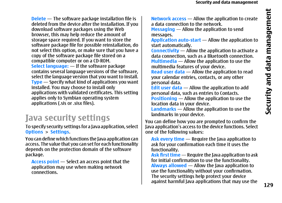 Nokia E66 manual Java security settings, 129 