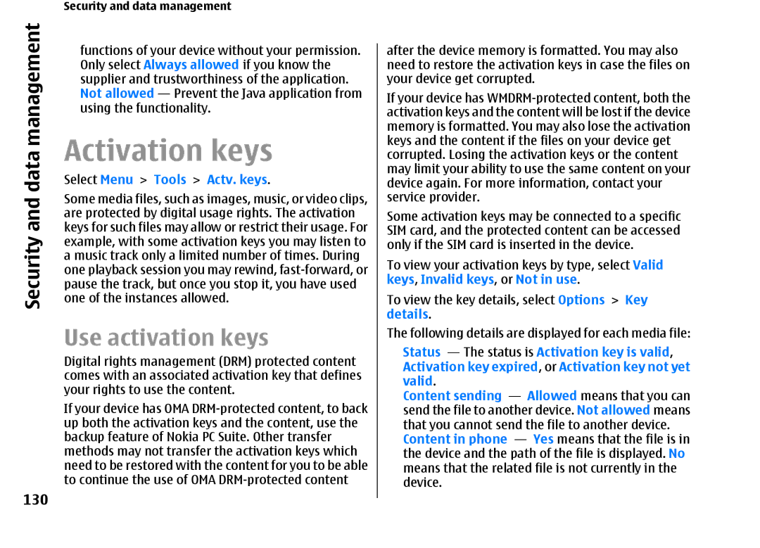 Nokia E66 manual Activation keys, Use activation keys, 130, Select Menu Tools Actv. keys 