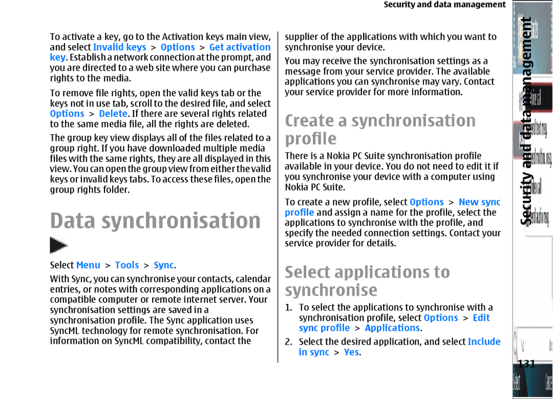 Nokia E66 manual Data synchronisation, Create a synchronisation, Profile, Select applications to Synchronise 