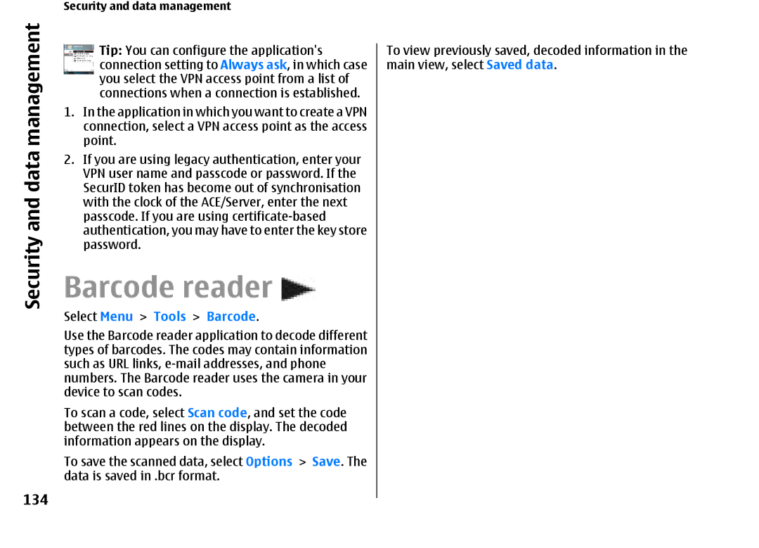 Nokia E66 manual Barcode reader, 134, Select Menu Tools Barcode 