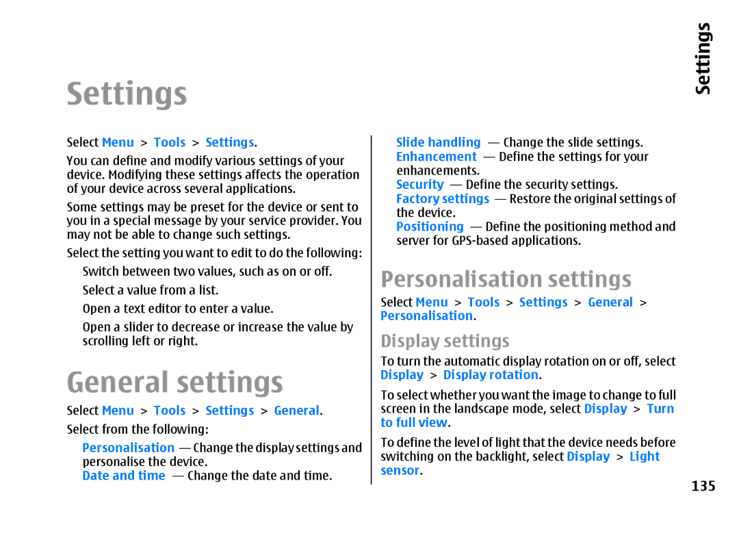 Nokia E66 manual Settings, General settings, Personalisation settings 