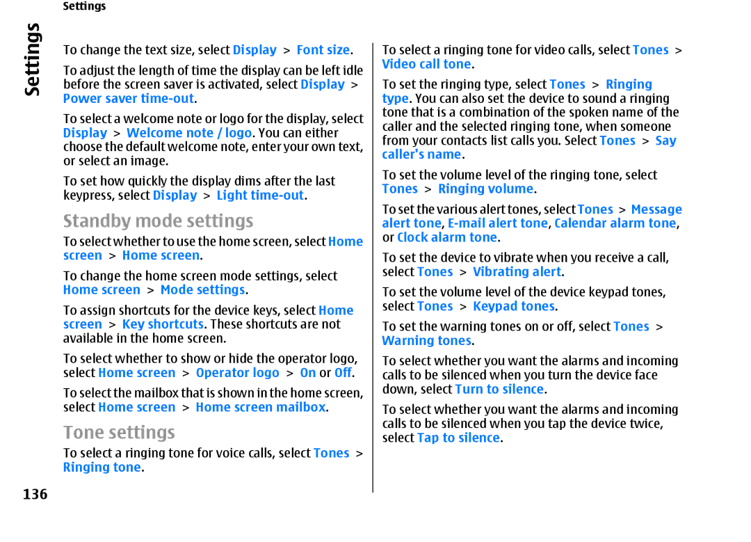Nokia E66 manual Standby mode settings, 136 