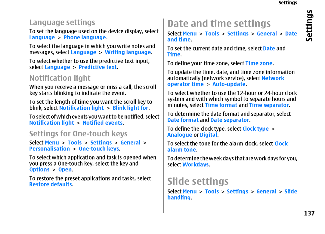 Nokia E66 manual Date and time settings, Slide settings, 137 