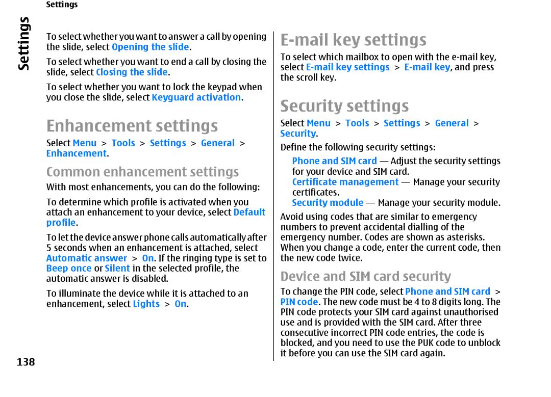 Nokia E66 manual Enhancement settings, Mail key settings, Security settings, 138 